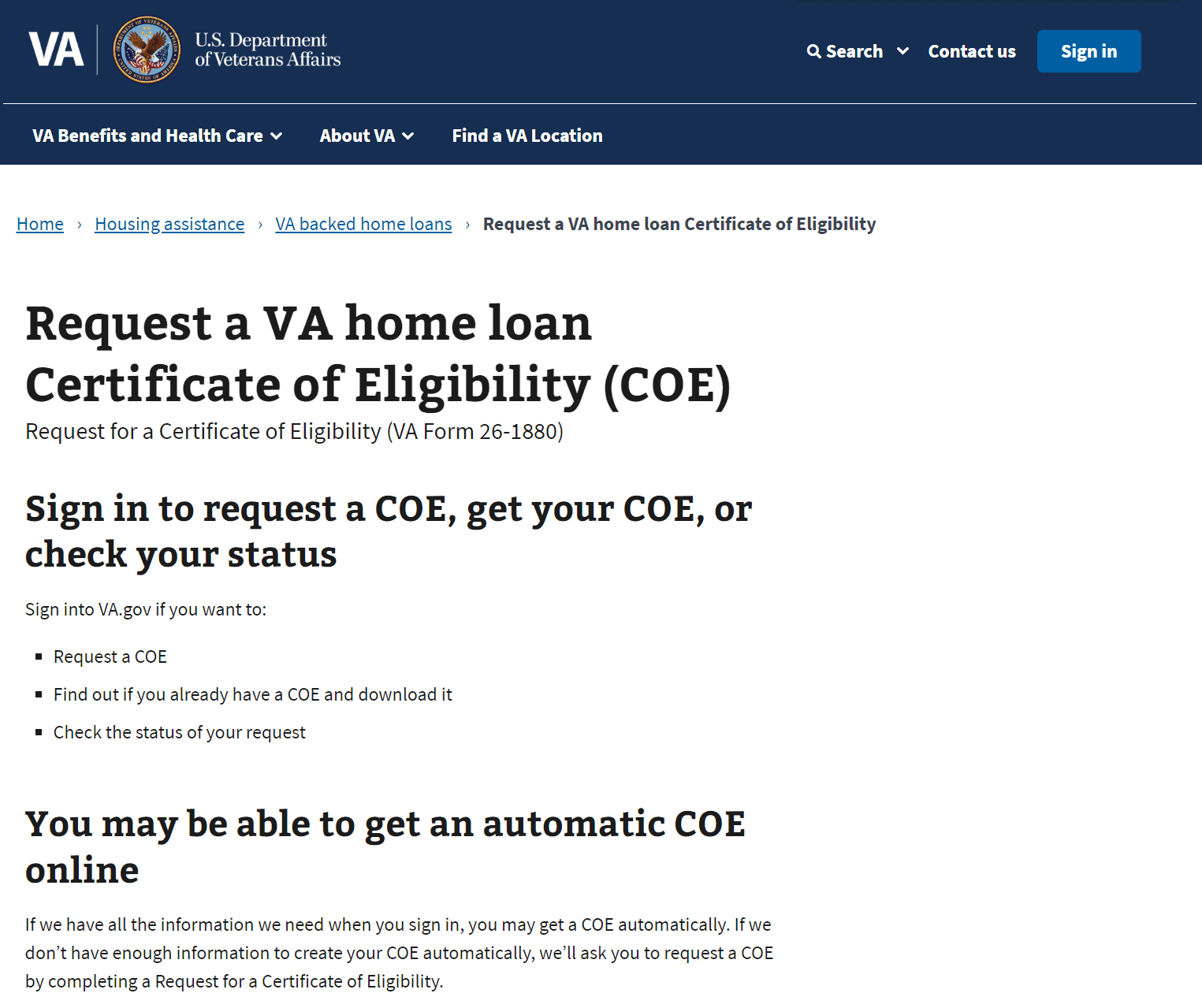 Step #1: Navigate to VA.gov, Housing Assistance, Home Loans, Request VA COE Form Online